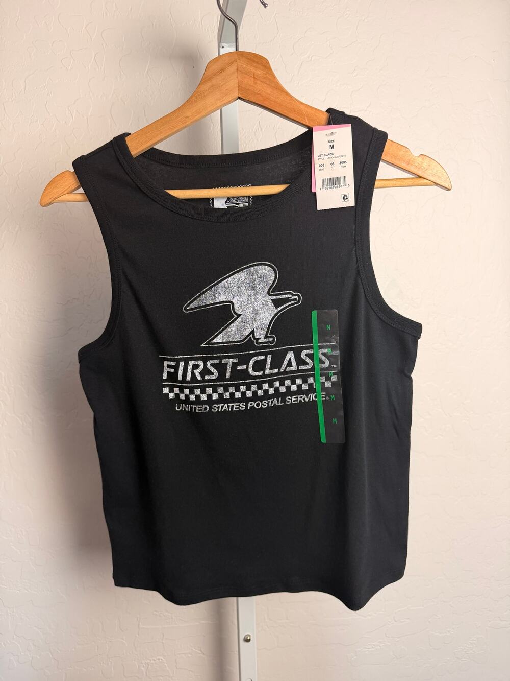 USPS First-Class Graphic Tank Top Women’s Size M Black Sleeveless Shirt NWT